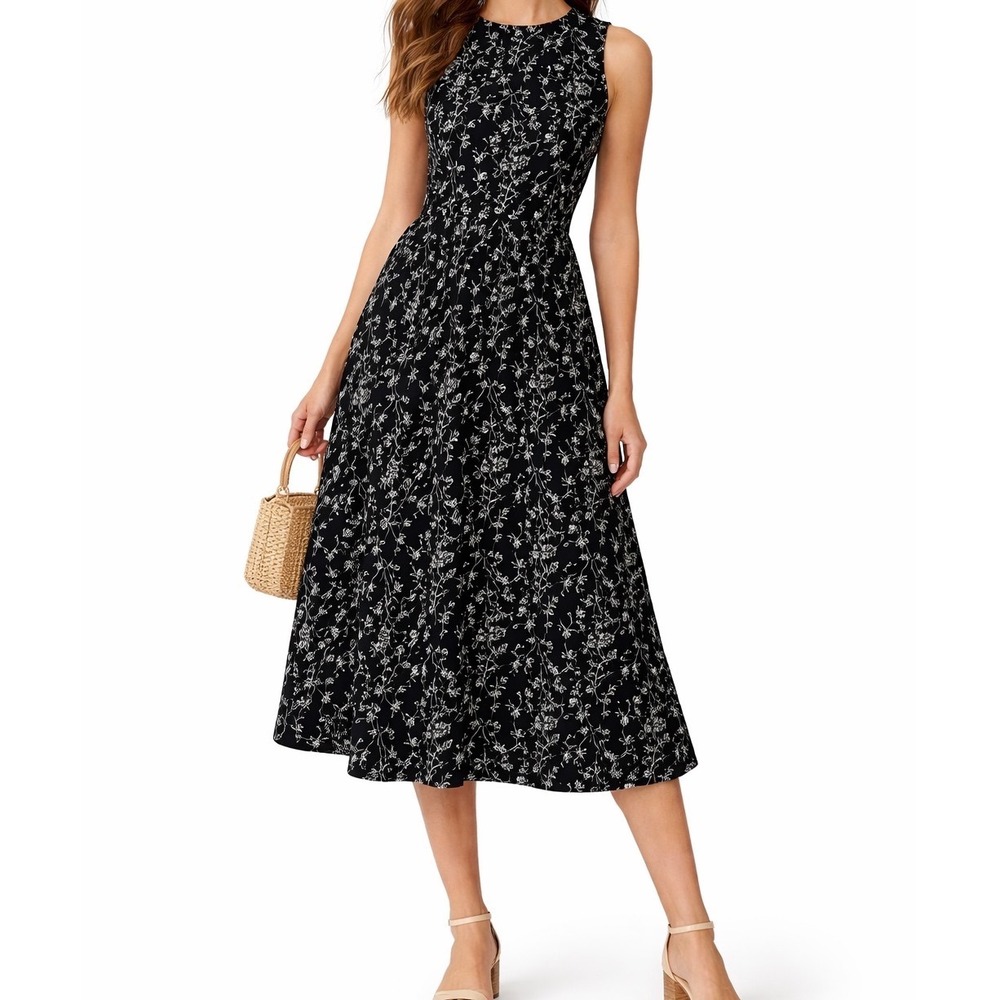 Ronni Nicole by Ouida y2k Black White Floral Vine Sleeveless Midi Dress 10 d3